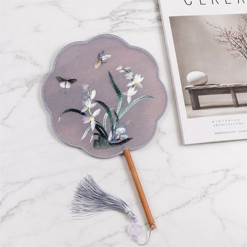 Huacan Chinese style Su embroidery double-sided embroidery embroidery group fan, ancient style Hanfu classical craftsmanship fan, outdoor handheld prop dance cheongsam gentleman orchid fan 1PC