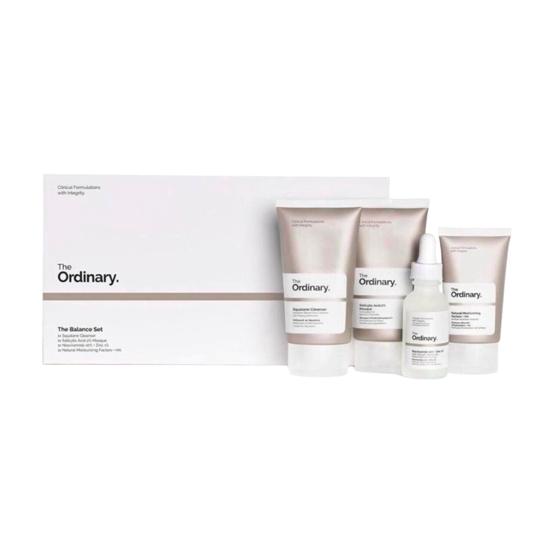 The Ordinary The Balance Set 4 stuks (squalaan reiniger 50 ml/salicylzuur 2% masker 50 ml/niacinamide 10% + zink 1% 30 ml/natuurlijke hydraterende factoren + HA 30 ml)