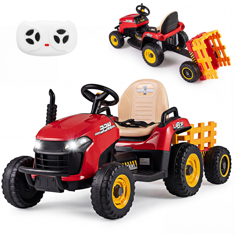 24 V elektrische tractor met aanhanger, 2,4 GHz afstandsbediening en claxon - Elektrische tractor voor kinderen - Rood