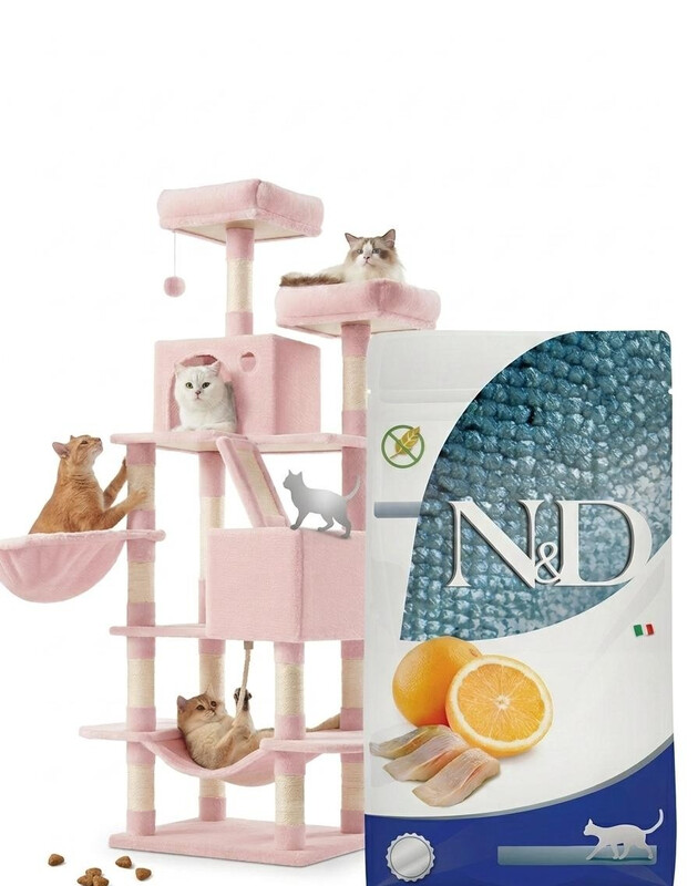 Farmina N&D Ocean Katzenfutter Hering & Orange 1,5 kg und Kratzbaum, 168 cm hoch, Größe L, mit 13 Kratzsäulen, 2 Plattformen, 2 Höhlen, Korb, Hängematte, Plüschbälle, mehrstöckiger Kratzbaum, Pastellrosa