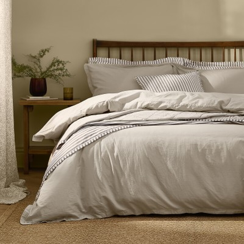 Yard Home Textiles Hebden Washed Cotton Duvet Cover Set, 100% Cotton Bedding in Stone for Double Size