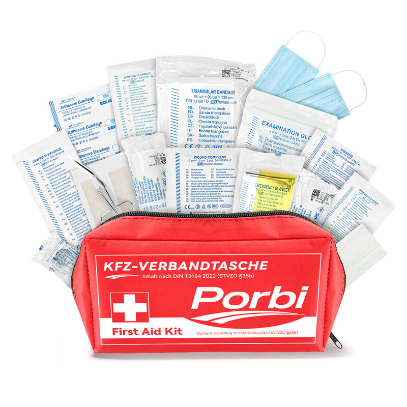 Porbi Kfz-Verbandkasten nach DIN 13164, enthält alle notwendigen medizinischen Notfallartikel für Fahrzeuge, Reisen und Pannen, Rot