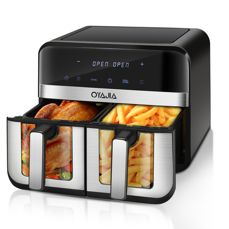 Oyajia RA930DSV Heißluftfritteuse mit getrenntem Temperaturregler für zwei Körbe, Digital-Touchscreen, für Hähnchen, Steak, Gemüse, Familienküche