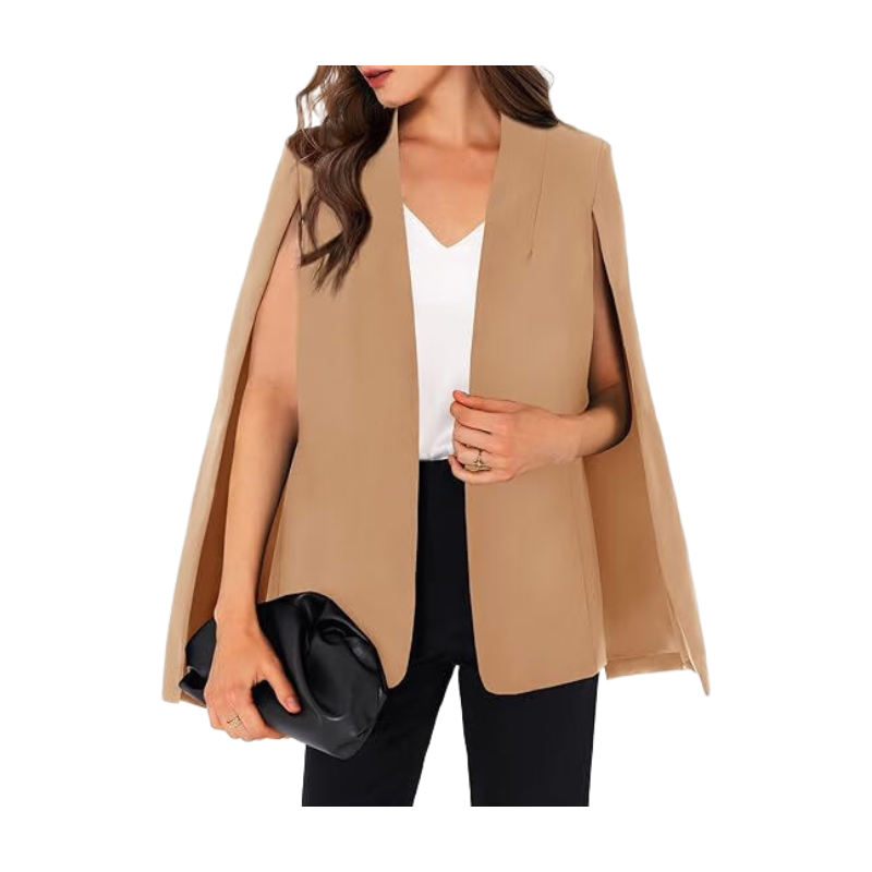 Women's CAPE Blazer Split Sleeve Open Front Lightweight Office Jacket Workwear (khaki