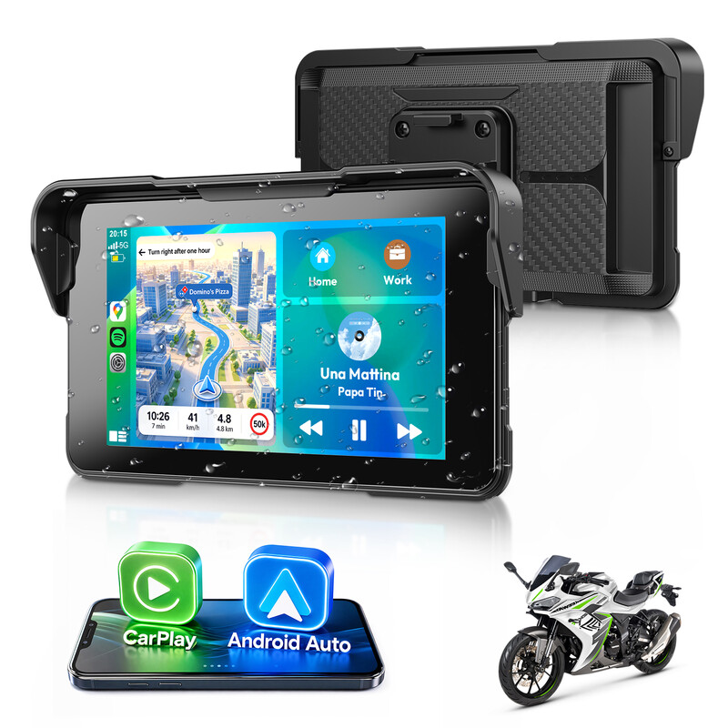 ESSGOO 5 Inch Motorfiets CarPlay Display Draadloos Draagbaar Motor Navigatie Apparaat CarPlay Android Auto Ondersteuning IP67 Waterdicht Dual Bluetooth 5.3 GPS Navigatie Spraakassistent HD CarPlay Scherm