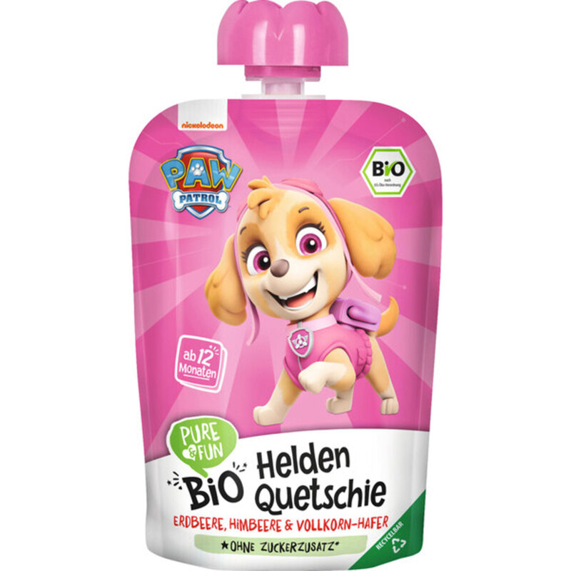 Pure&Fun Bio Helden Quetschie pink Erdbeere, Himbeere, Vollkorn-Hafer ab 12 Monaten