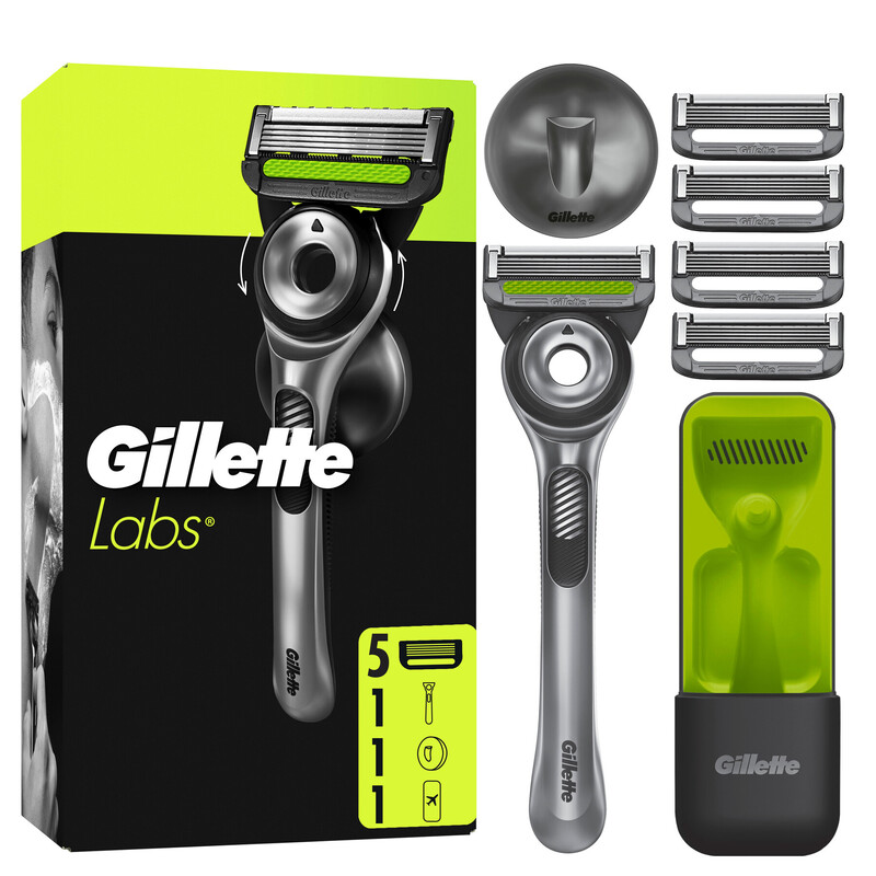 Gillette Herren Rasierer: GilletteLabs mit Reinigungs-Element, 1 Handstück & 5 Klingen inkl. Reiseetui und Wandhalterung für optimale …