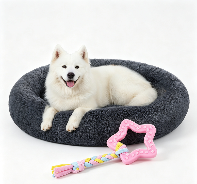 JOYFURNOS zacht pluche kalmerend hondenbenchkussen met afneembare, machinewasbare hoes, donkergrijs, 120 x 20 cm en roze ster hondentouwspeeltje, TPR en stof interactief kauw- en trekspelgoed voor puppy's en kleine honden