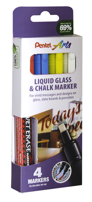 Semi-Permanent Wet-Erase Liquid Glass & Chalkboard Marker Red, Blue, Yellow & White,