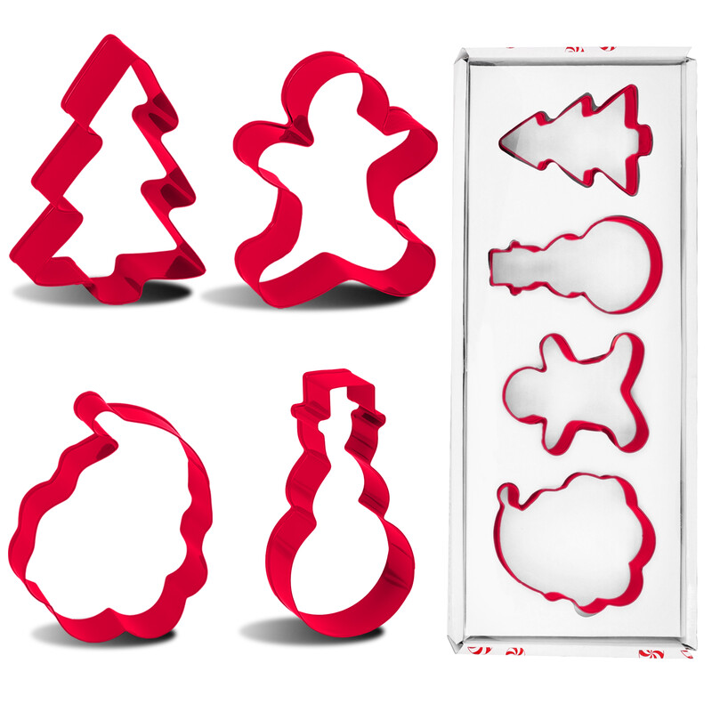 Cookie Cutter Set, 4-Pieces, Red, Gift-Box-Packaging, 430-Stainless-Steel, Contains C