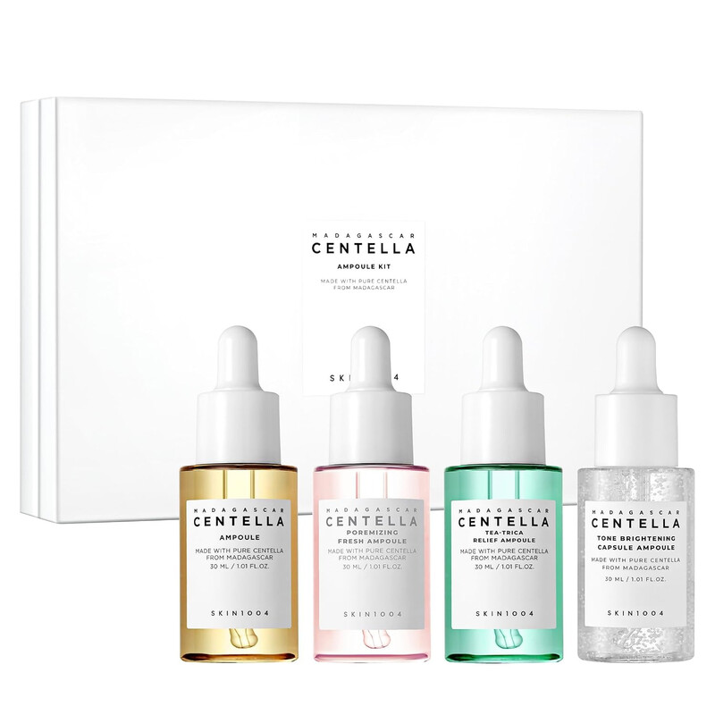 SKIN1004 Madagascar Centella Ampul Kit, 4 stuks x 1,10 fl. oz, 30 ml, Reisformaat Gezichtsserum Collectie, Koreaanse Huidverzorgingsset met Centella Ampul en Hydraterend Serum voor Kalmerende Verzorging, Koreaanse Huidverzorging