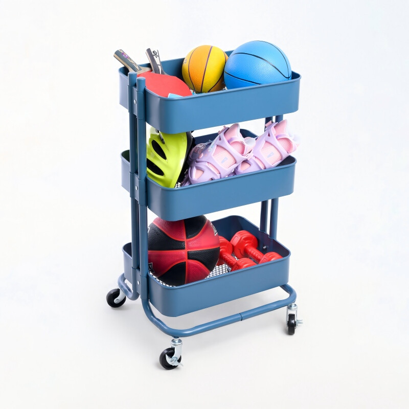 Premium 3-laags metalen opwielbare opbergwagen, Robuuste gaas utiliteitsorganizer met vergrendelbare zwenkwielen, Multifunctionele mobiele stellingkast voor badkamer, keuken, salon – Zwart