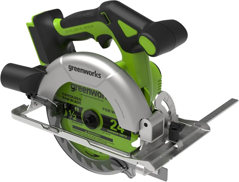 Greenworks 24 V scie circulaire sans fil sans balais 165 mm 5 000 trmin lame de 20 mm profondeur de coupe réglable 45°/90° éclairage LED sans batterie et chargeur