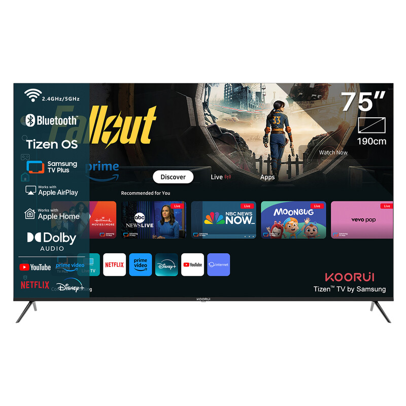 KOORUI K75D5UQ-T8, 75 Zoll, 4K QLED, TIZEN TV, Rahmenloses Design, Dynamischer Sound mit Dolby Audio, Hochwertiges Metall-Finish