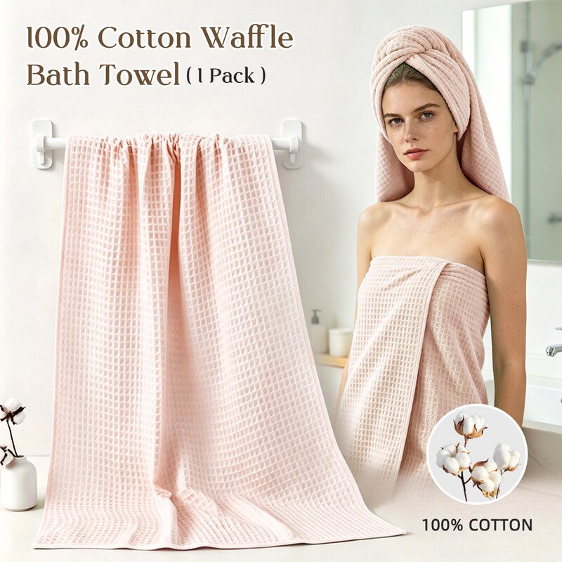 Lebonsoir 1PC Bath Towel, 100% Cotton, Soft & Quick Drying - Waffle Structure, Very Large - 70 x 140 cm, Modern, high-quality design, Pink
