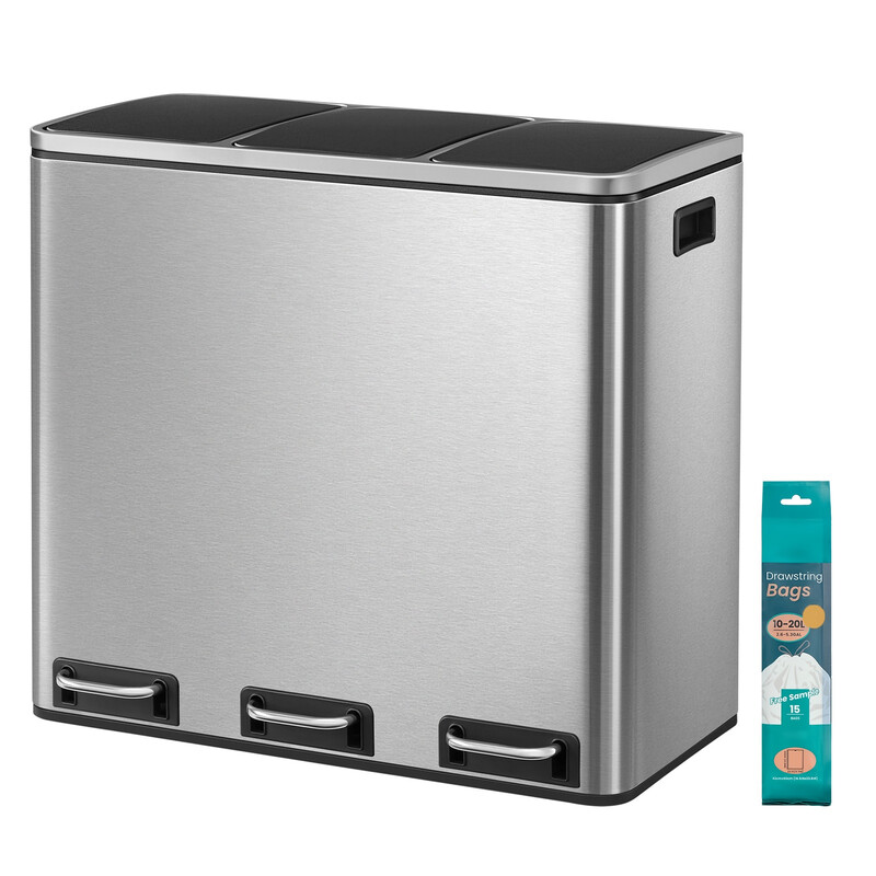 JOYFURNOS Prullenbak met drie compartimenten, 3 x 18 L pedaalemmer met softclose deksels, voor keuken, staal, zilver en zwart