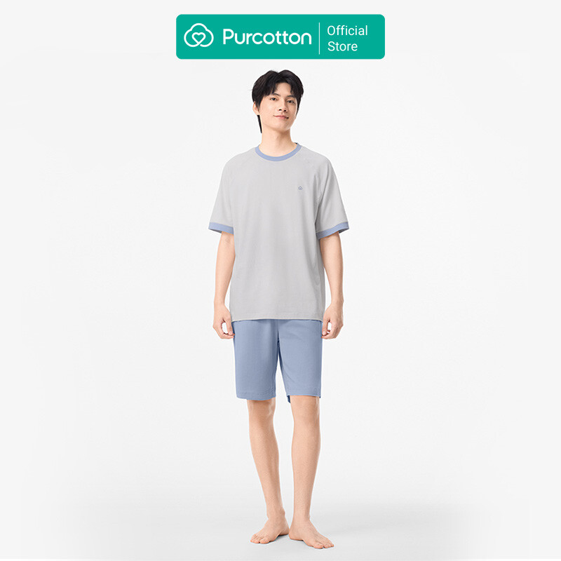 Purcotton Herren Antibakterielle Strick Lounge-Shorts Set - Antibakteriell & atmungsaktiv - Dehnbar & bequem - Freizeit zu Hause - Schwebende Wolke Grau - Oberteil: 185/104 A; Unterteil: 185/92 A