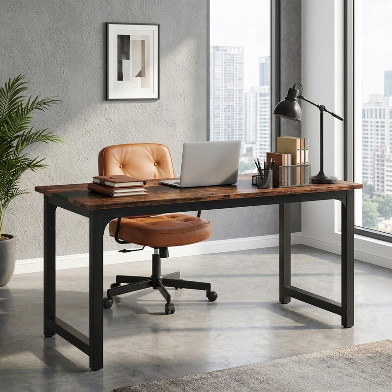 LANTINE Schreibtisch, 160 x 80 cm Computertisch, Büroschreibtisch, Lernschreibtisch, Home-Office-Arbeitsplatz, modernes, schlichtes Design, Vintagebraun/Schwarz