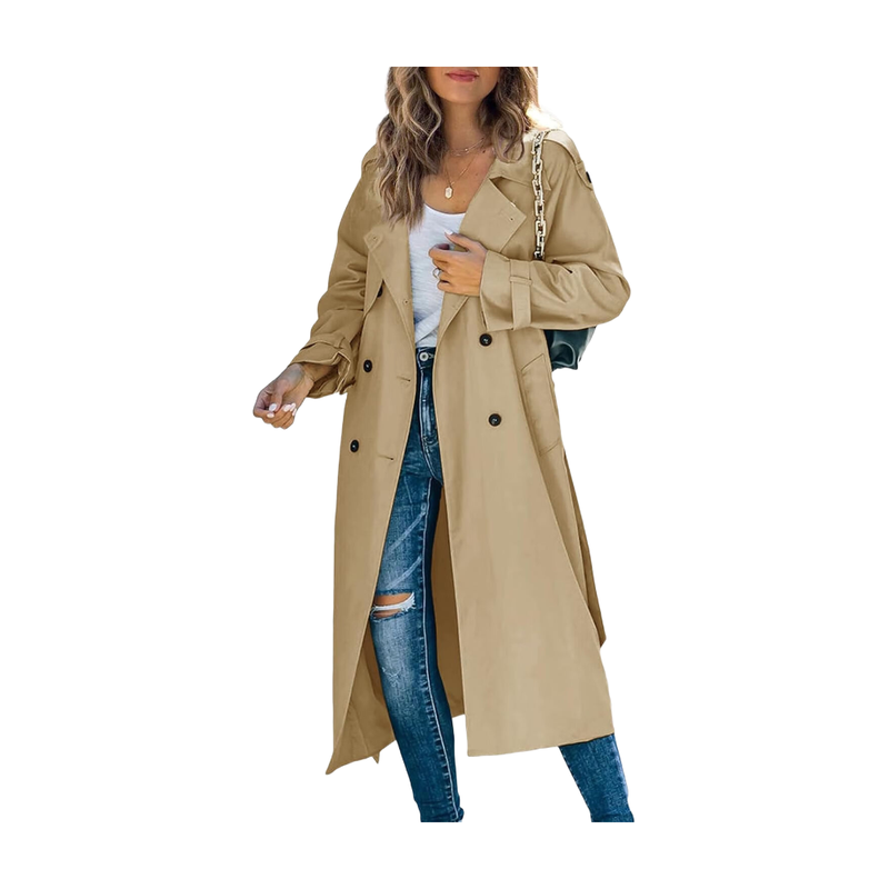 Women's Double Breasted Long Trench Coat Windproof Classic Lapel Slim Overcoat with Belt (camel, S)