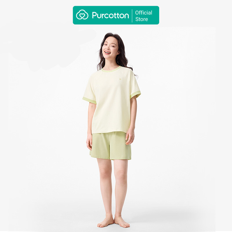 Purcotton Women's Antibacterial Knit Loungewear Set - Shorts Style - Comfortable Skin-Friendly - Restful & Casual Style - Soft Off-White - Top: 160/84A; Bottom: 160/68A