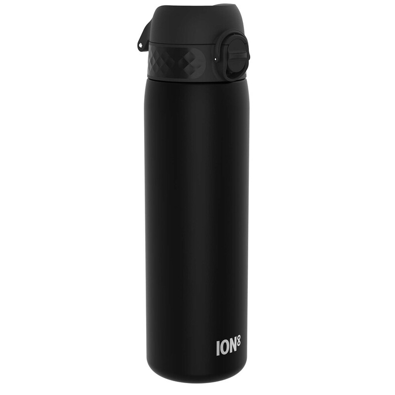 ION8 waterfles, 500 ml/18 oz, lekvrij, eenvoudig te openen, veilige vergrendeling, vaatwasserbestendig, BPA-vrij, hygiënische flip-dop, draaggreep, past in bekerhouders, eenvoudig te reinigen, CO₂-neutraal, zwart