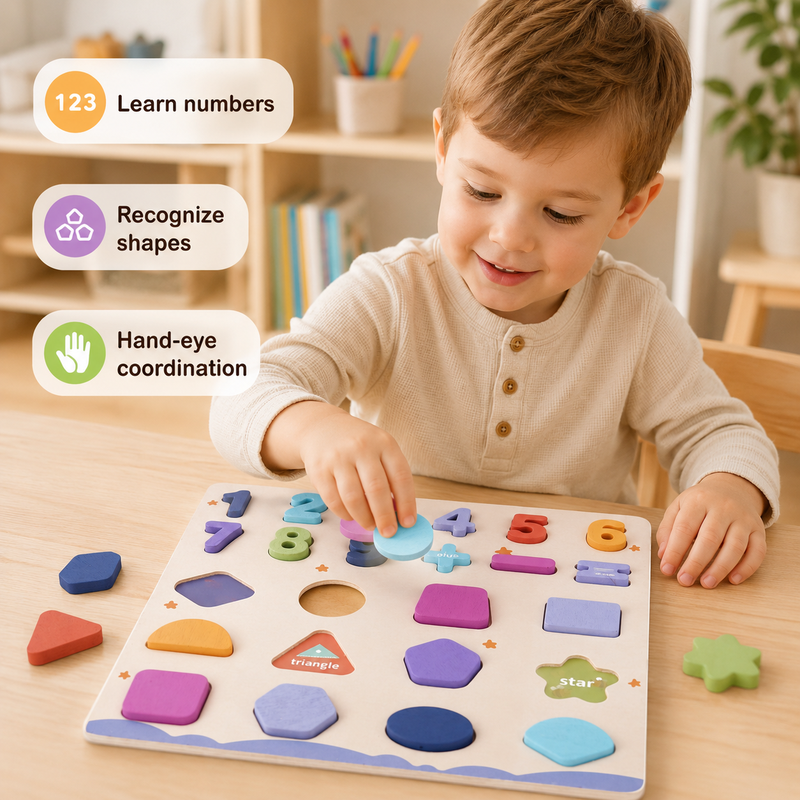 Formen-Puzzle aus Holz, 1er-Pack von S.T.E.M. Lernspielzeug: Zahlen und Formen für Kinder fördern Hand-Augen-Koordination und Familienspiele