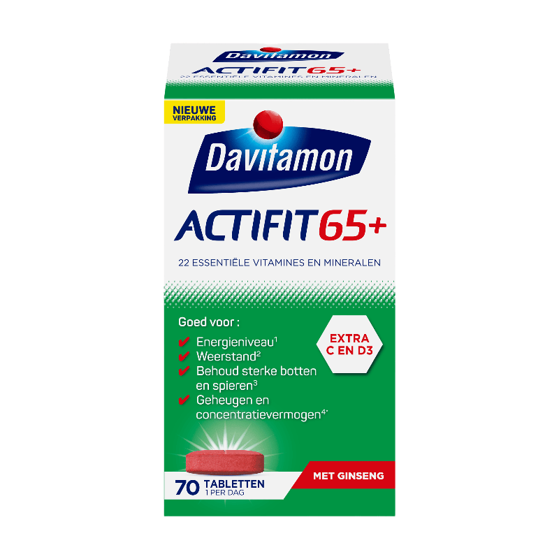 Davitamon Actifit 65+ Multivitamines – contribue au maintien du niveau d’énergie et au fonctionnement du système immunitaire – 70 comprimés