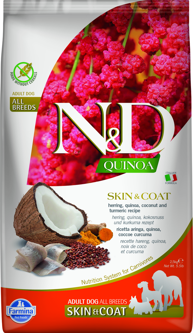 Farmina Quinoa Fell-Nahrungsergänzungsmittel (Hering, Quinoa, Kokosnuss und Kurkuma) Adult Hundefutter 2,5 kg