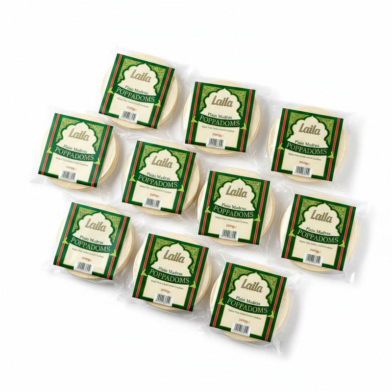 Laila Madras Plain Lentil Pappadums (Crackers) 200G X 10 Packs