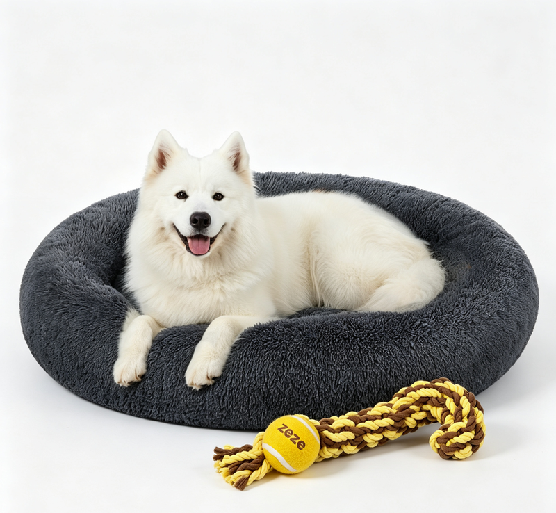 JOYFURNOS zacht pluche kalmerend hondenbenchbed met afneembare, machinewasbare hoes, donkergrijs, 120 x 20 cm en touwbal huisdierenspeelgoed voor honden & katten, duurzaam kauwen, gebitsreiniging & interactief spelen, binnen & buiten