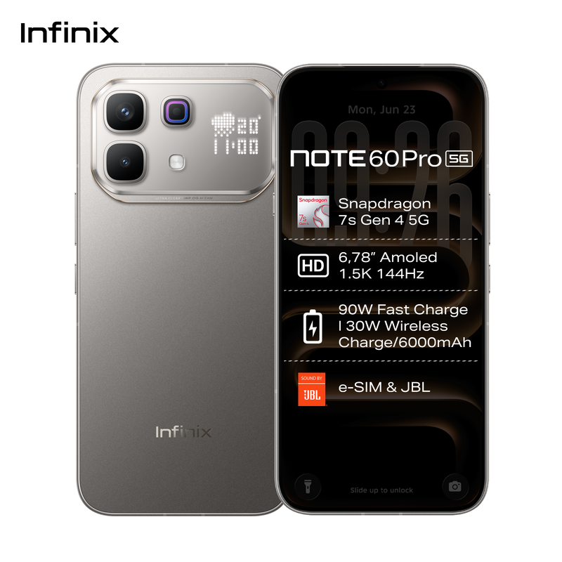 INFINIX Note 60 Pro 5G 12+ brume 6 78 AMOLED 144 Hz 6000 mAh Charge rapide Snapdragon 7s Gen 4 Active Matrix LED XOS 16 eSIM Double SIM NFC