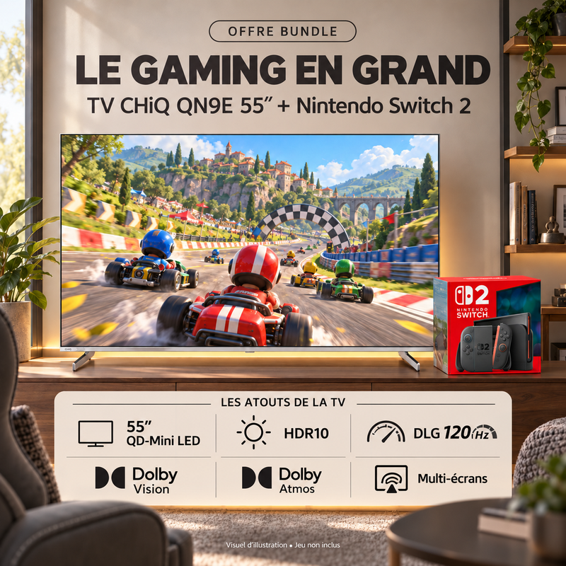 Pack gaming CHiQ QN9E TV QD-Mini LED 55″ + Nintendo Switch 2 Version EU