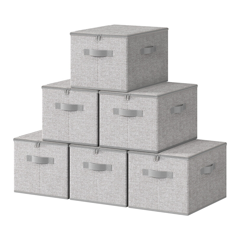 Ochama Set of 6 Foldable Storage Boxes with Lids and Handles, Non-Woven Clothing Organizer Basket, Light Grey