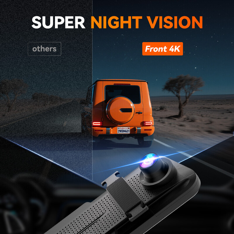 WOLFBOX M40 10-inch rear view mirror camera, 4K+1080P front and rear camera, mirror dash cam with ADAS/BSD, voice control, including 64GB card, WiFi & GPS