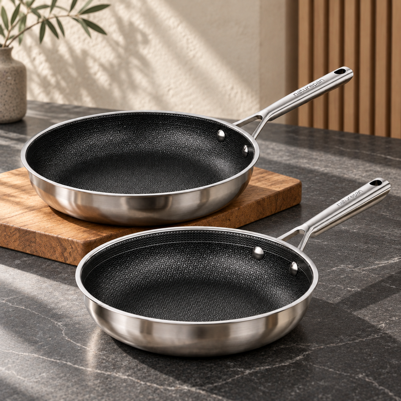 Naturepan Bratpfannen-Set Hybrid Keramikbeschichteter Edelstahl Antihaft Induktionsgeeignet 24 28 cm Schwarz 2-teiliges Set
