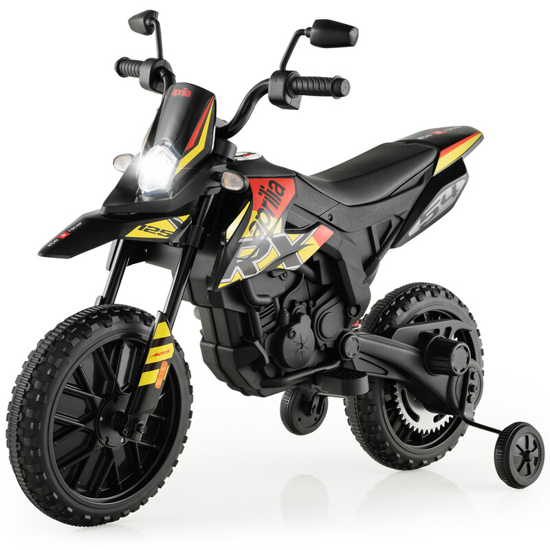 12 V elektrische motorfiets voor kinderen met steunwielen, officieel gelicentieerde Aprilia-versie, zwart