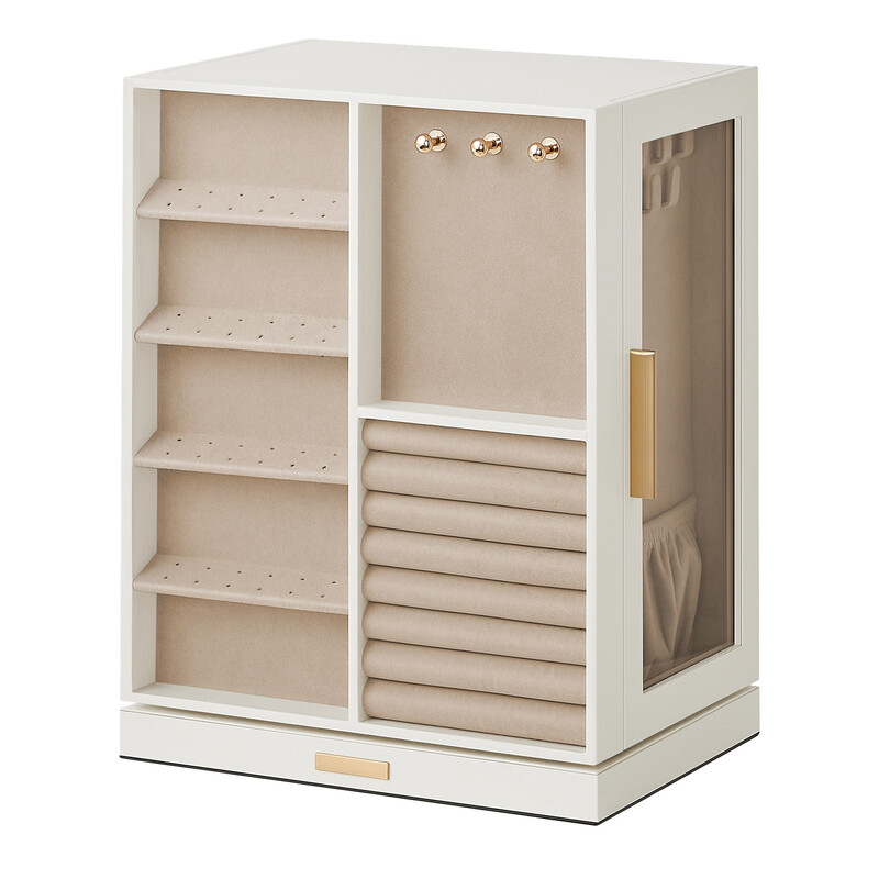 Ochama 360° Rotating Jewellery Display Case –22X16x28cm Cloud White, Vertical Organiser With 5 Drawers & Glass Window, Open Design, Spacious – Great Gift Idea