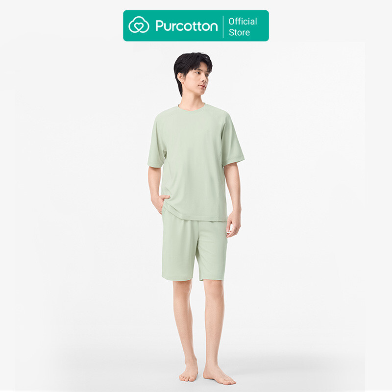 Purcotton Men's Antibacterial Knit Loungewear Shorts Set - Antibacterial & Breathable - Stretchy & Comfortable - Home Leisure - Light Gray Green - Top: 185/104A; Bottom: 185/92A