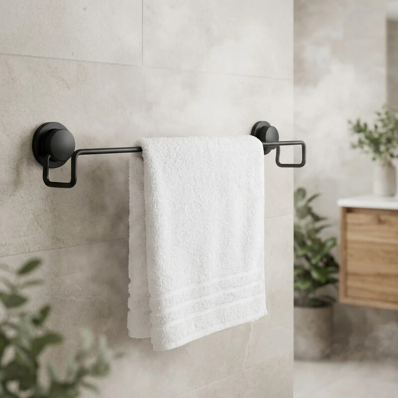 Croydex Bathroom Storage Towel Rail – Stick 'n' Lock Design, Modern Matte Black Finish for Space-Saving Organization