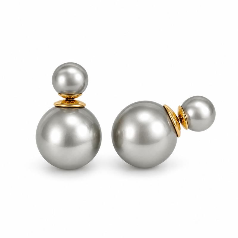 VoxorAI Dark Gray Classic Double Pearl Earrings with Two Pearls on Both Sides, Light Luxury, High Fashion, Niche New Products 6mm and 14mm