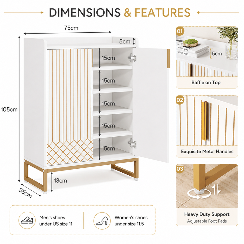 LANTINE Shoe Cabinet with Doors, 5 Tiers Shoe Storage Cabinet for Entryway, 25 Pairs Wooden Cabinets, Modern Organizer Storage for Living Room, Bedroom, Hallway, Closet, White