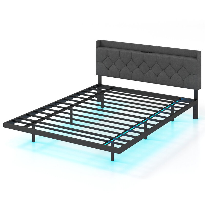 Costway Floating Bed Frame with Adjustable Headboard and Charging Station-Grey-King Size