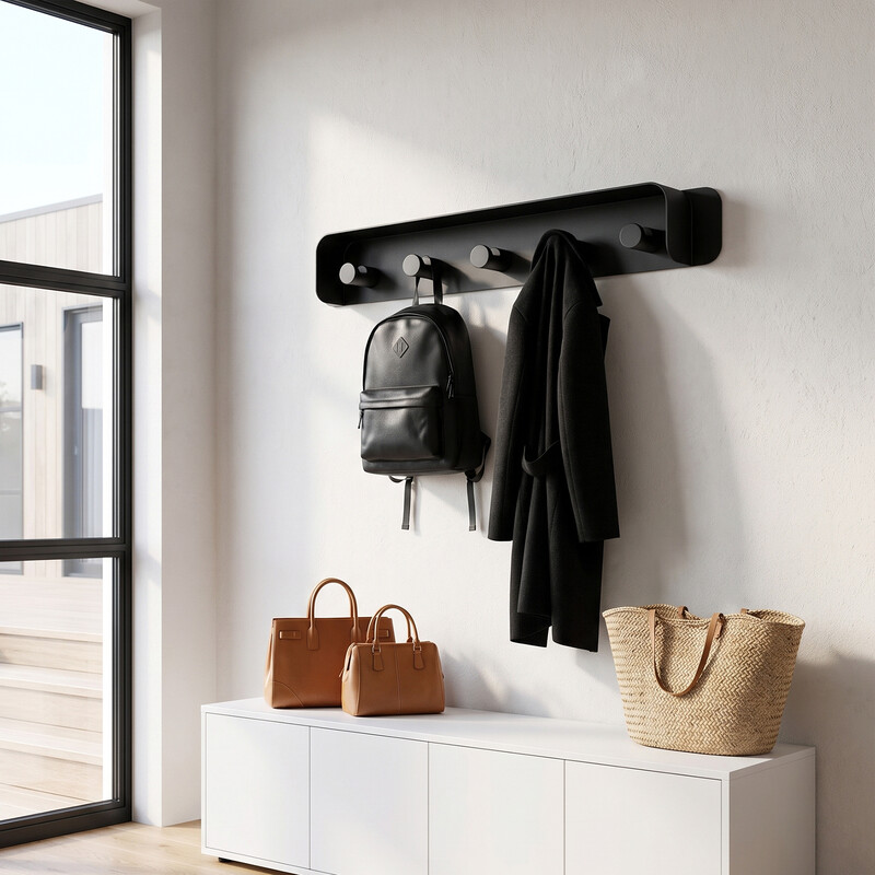 kapanou Wall Mounted Coat Rack with Shelf-5 Hooks Coat Rail with Heavy Duty Metal Hooks for Bathroom, Bedroom, Entryway, Modern and Decorative Aluminum Wall Hanger for Hanging Coats, Towels, Hats (Black), New Year Sale, Top Gift Picks