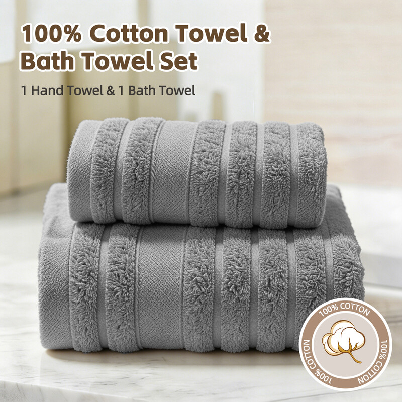 LEBONSOIR 2-Piece Towel & Bath Set, 100% Cotton, 1pc Bath Towel & 1pc Hand Towel, Soft and Absorbent Towel Set. Ideal for Everyday Use. Even in a Bathroom, Gym, Beach, Pool, Salon, Spa or Camping Trip, Grey