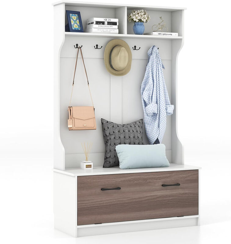 63 Inches Hall Tree with Coat Rack and Storage Bench-White