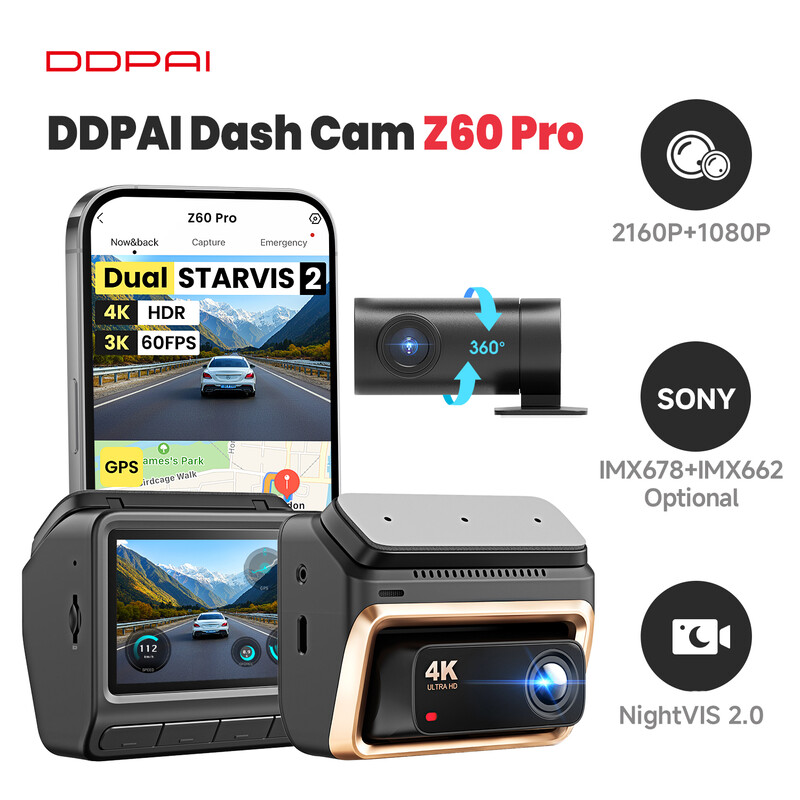 DDPAI Z60 Pro 4K Dashcam, 3 Zoll Auto-DVR, Front- und Rückkamera, STARVIS 2 IMX678, 60 Fps, HDR, integriertes 32 GB eMMC, AI-ISP, Nachtsicht, 5 GHz WLAN, GPS, 24-Stunden-Parkmodus, 2-Kanal