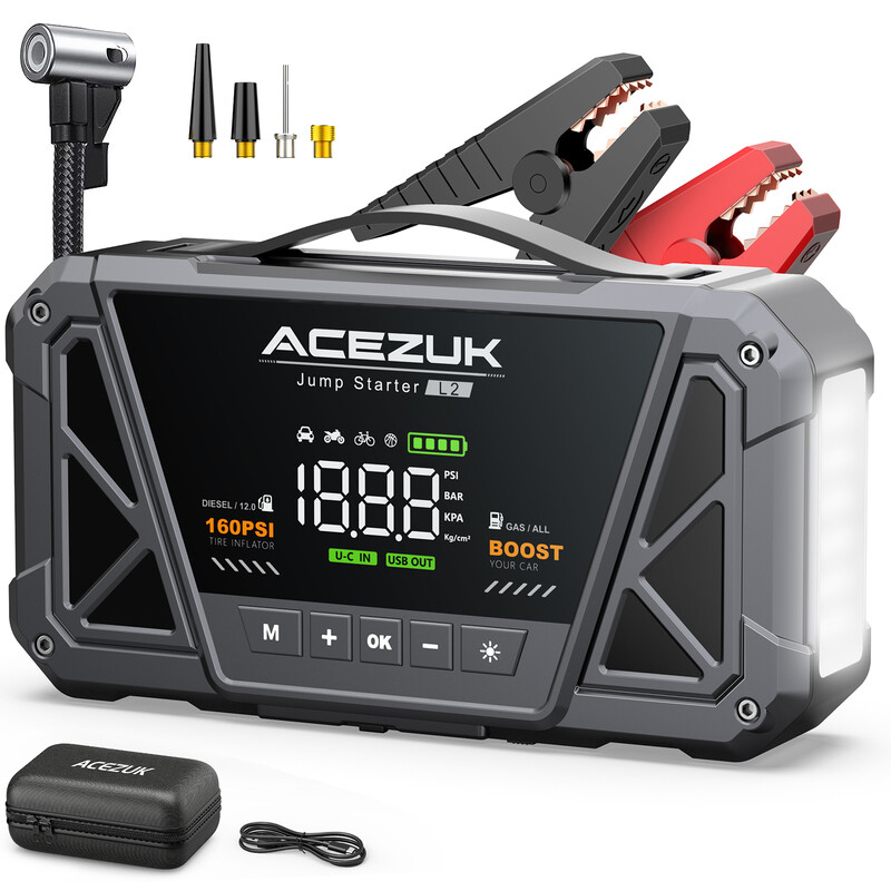ACEZUK L2 9000A Jump Starter Powerbank met Compressor 160 PSI 12 V auto jump starter booster voor benzine tot 12,0 L en diesel tot 10,0 L, force start, LCD-display en LED-verlichting