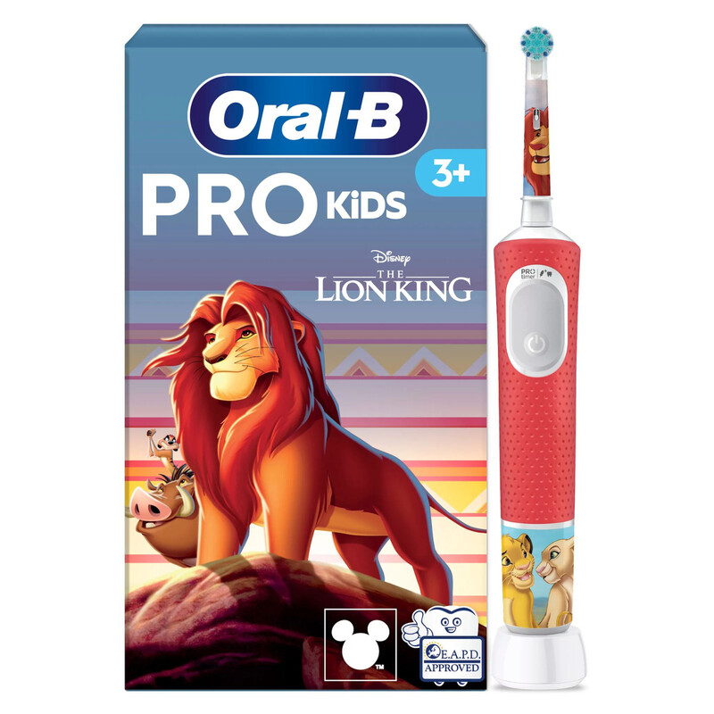 Oral-B Pro Kids König der Löwen Elektrische Zahnbürste für Kinder ab 3 Jahren, mit Sensitiv+ Modus für Zahnpflege, extra weiche Borsten, 1 Ersatzbürste, 4 Sticker