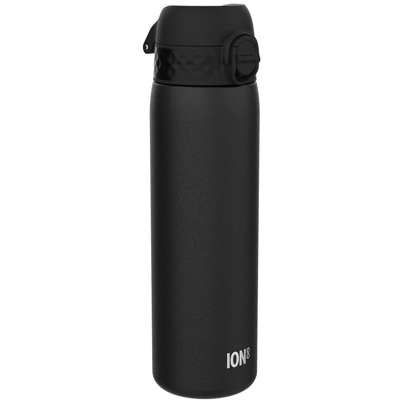 ION8 lichtgewicht stalen waterfles, 600 ml/20 oz, niet geïsoleerd, lekvrij, eenvoudig te openen, veilige vergrendeling, vaatwasserbestendig, flip-dop, past in bekerhouders, draaggreep, metalen waterfles, zwart