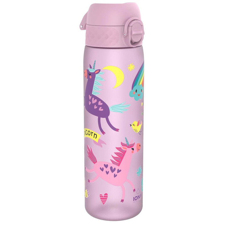 ION8 waterfles, 500 ml/18 oz, slank, lekvrij & BPA-vrij, veilige vergrendeling voorkomt morsen, vaatwasserbestendig, draaggreep, ideaal voor volwassenen en kinderen - reizen, sportschool & school, Lila Unieke Eendheden